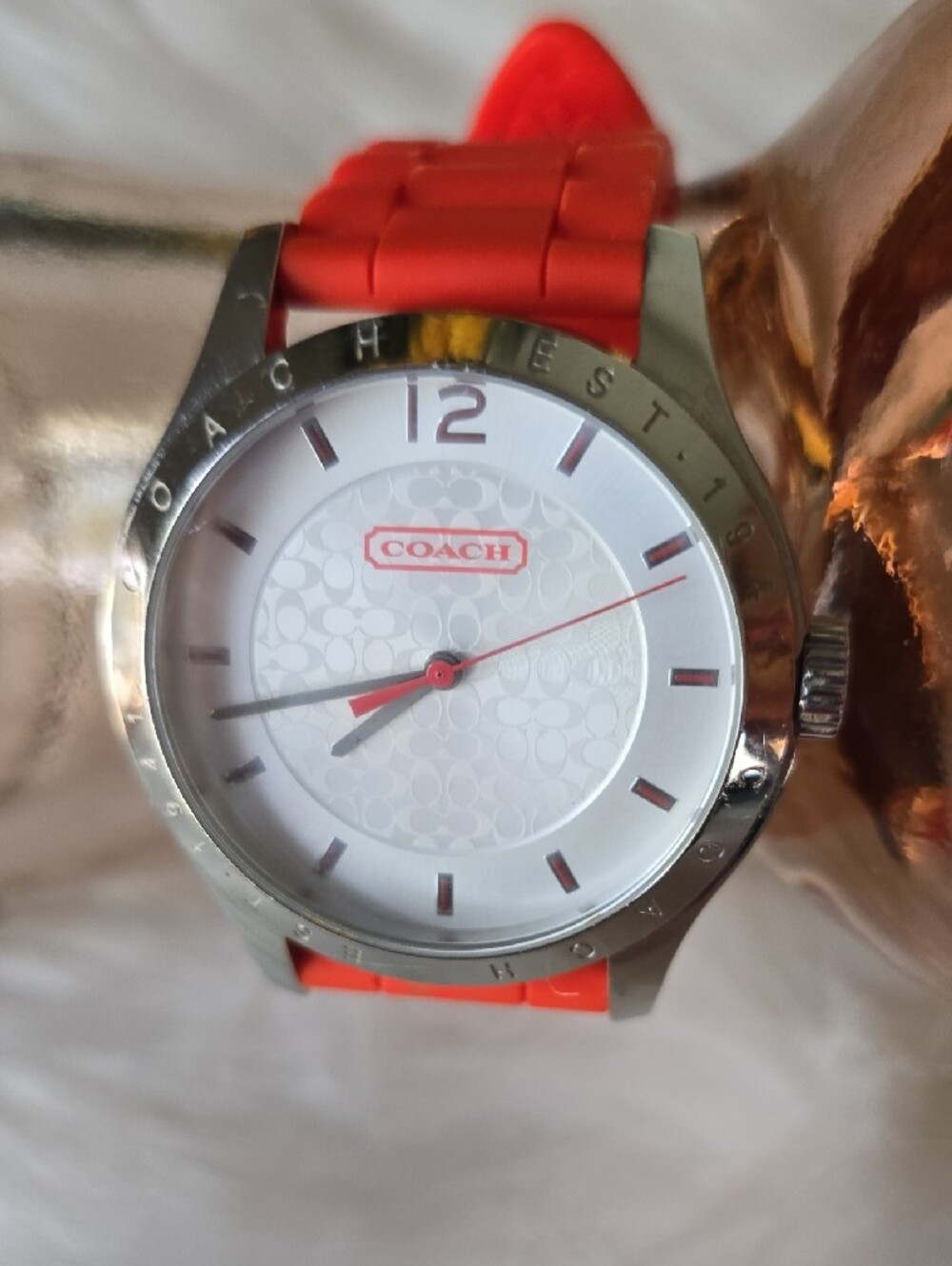 Coach Women's Silver Case Watch with Red Silicone Strap